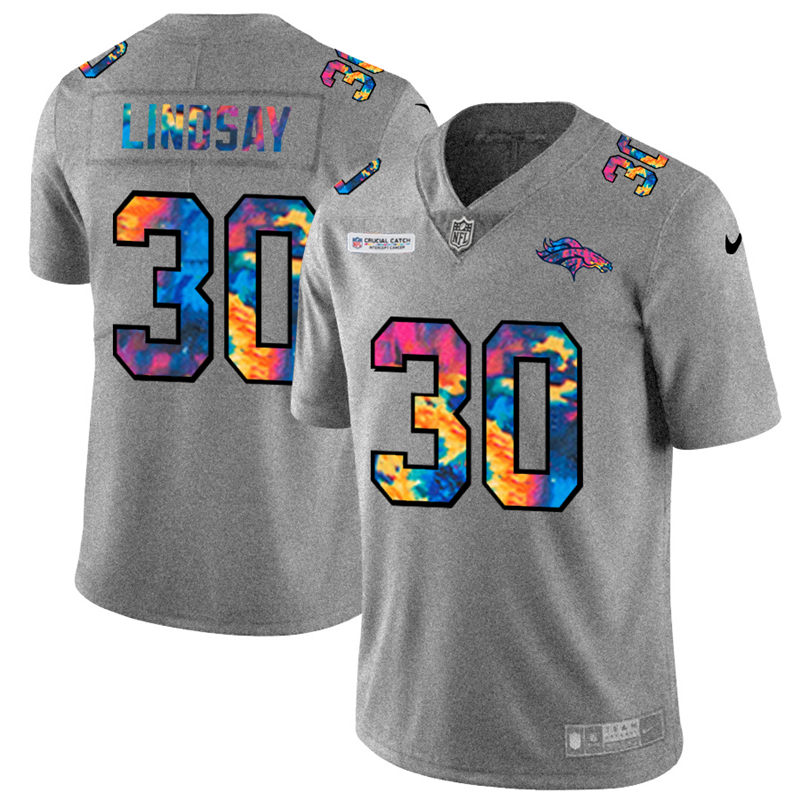 NFL Denver Broncos #30 Phillip Lindsay Men Nike MultiColor 2020  Crucial Catch  Jersey Grey